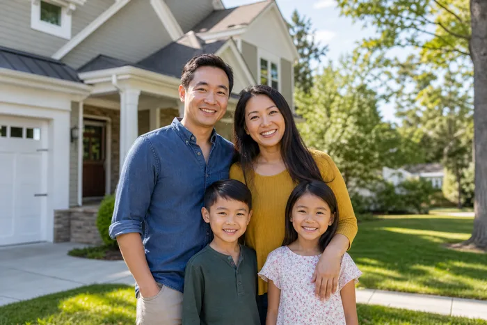 Happy family outside their Atlanta home