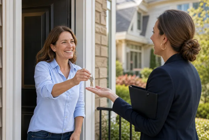 Homeowner handing over house keys at closing